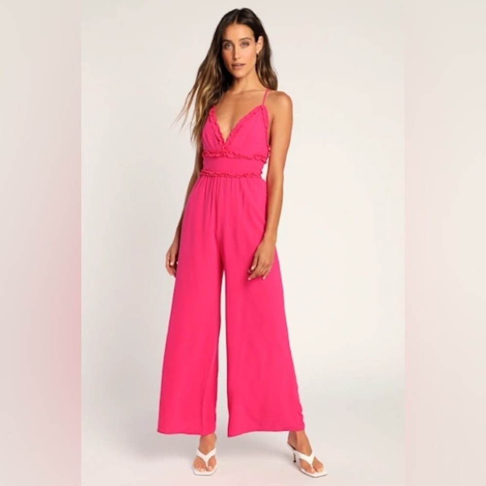 Lulu's Hot Pink Spaghetti-Strap Wide-Leg Jumpsuit